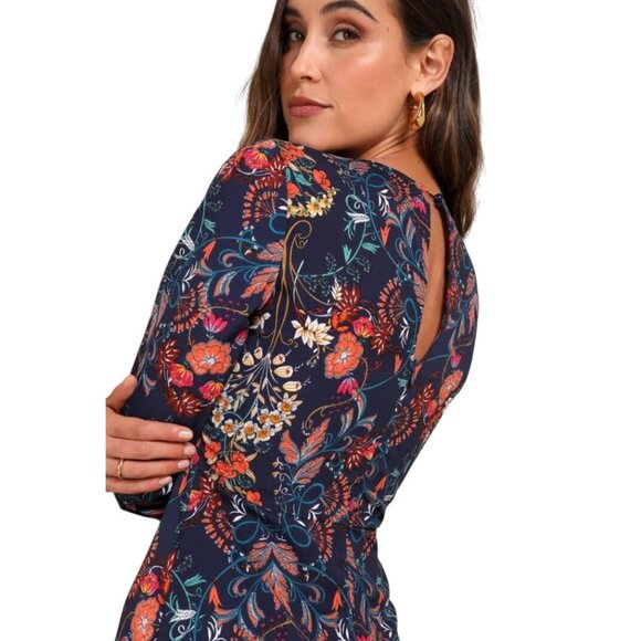 I.Madeline Garden Splendor Navy Blue Floral Print Long Sleeve Midi Dress Size M - Picture 4 of 13